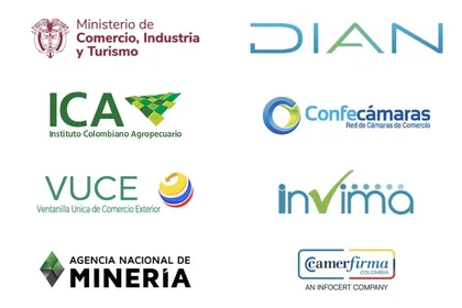 Logos de entidades de comercio exterior de Colombia: MinCIT, DIAN, ICA, Confecámaras, VUCE, Invima, Agencia Nacional de Minería y Camerfirma
