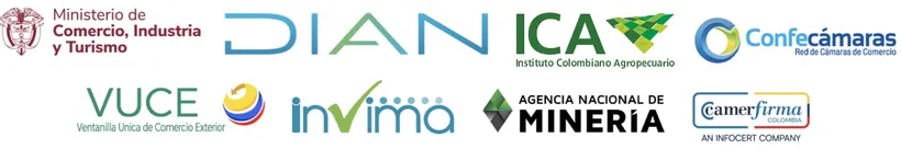 Logos de entidades de comercio exterior de Colombia: MinCIT, DIAN, ICA, Confecámaras, VUCE, Invima, Agencia Nacional de Minería y Camerfirma